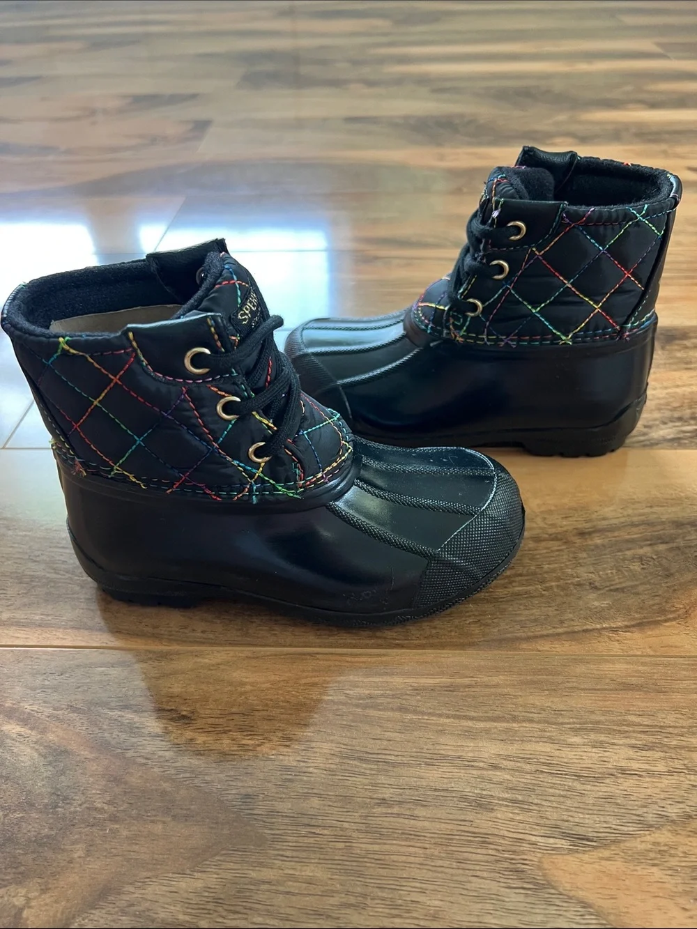 Sperry Girls Port Boot Black Rainbow Quilted Rain Snow Boots Toddler Size 9M NIB